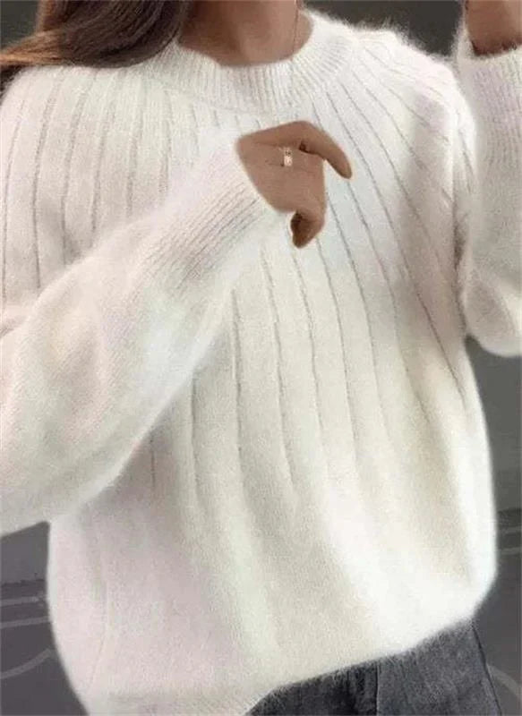 Pull Femme Laine Mélangée Marine à Manches Longues