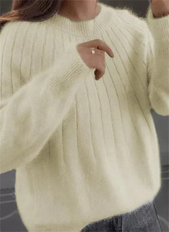 Pull Femme Laine Mélangée Marine à Manches Longues