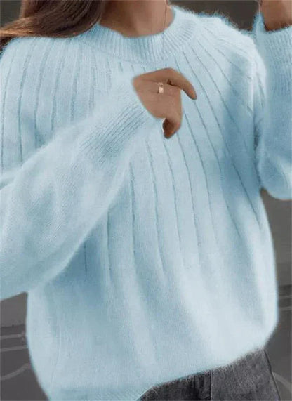Pull Femme Laine Mélangée Marine à Manches Longues