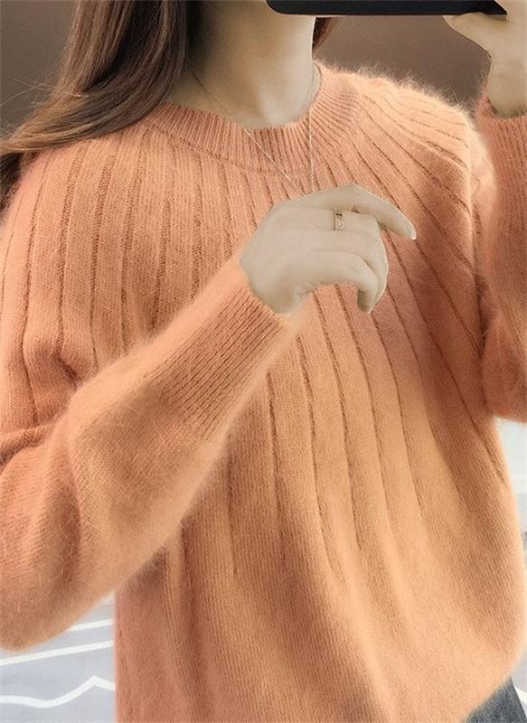 Pull Femme Laine Mélangée Marine à Manches Longues
