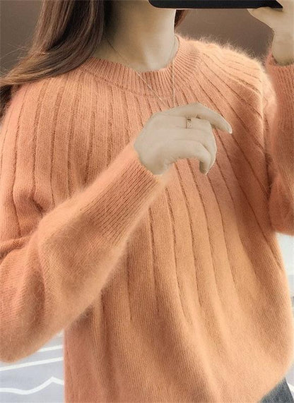 Pull Femme Laine Mélangée Marine à Manches Longues