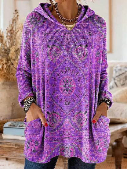 Tunique Femme Tricot Capuche Style Rétro Coupe Ample Poches
