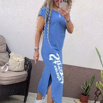 Robe Femme Coupe Ample Col Rond Imprimé Lettres Fente