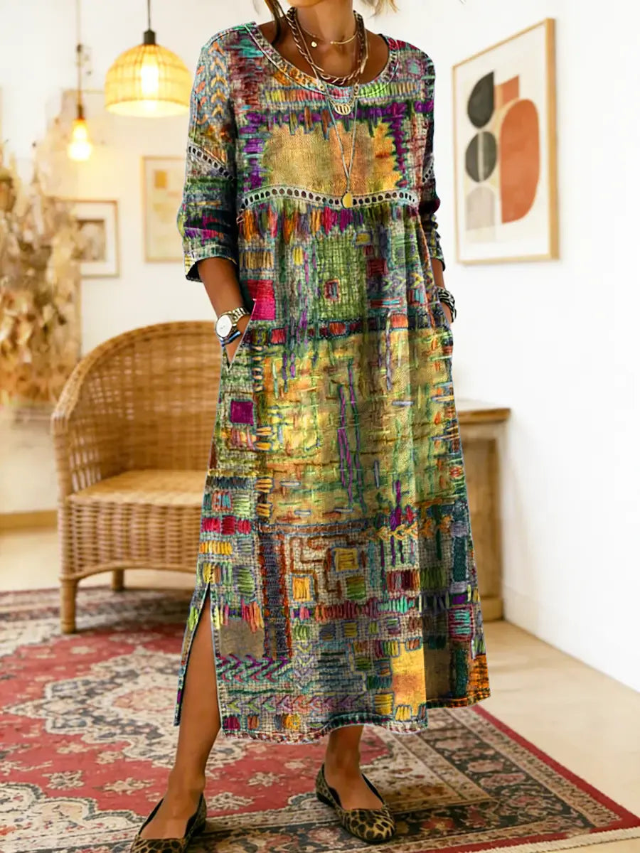 Robe Femme Denim Patchwork Ethnique Coupe Fluide