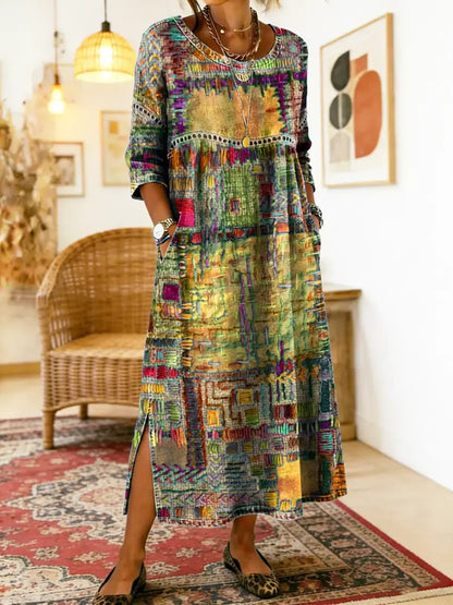 Robe Femme Denim Patchwork Ethnique Coupe Fluide
