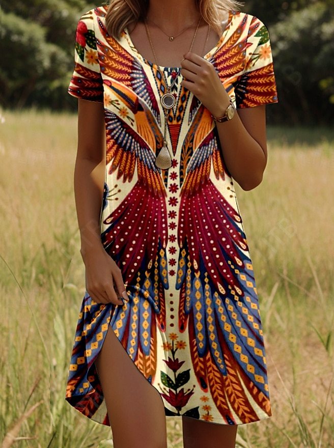 Robe Courte Femme Imprimé Ethnique Coupe Légère Manches Courtes - PanierRoyale