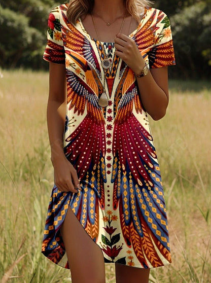 Robe Courte Femme Imprimé Ethnique Coupe Légère Manches Courtes - PanierRoyale