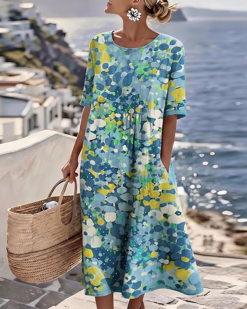 Robe Midi Femme Coton Lin Poches Manches Courtes