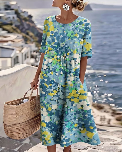 Robe Midi Femme Coton Lin Poches Manches Courtes