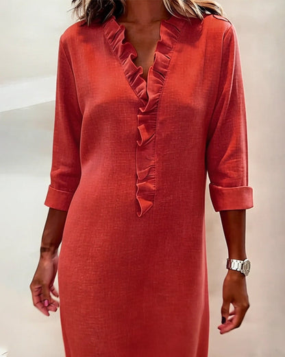 Robe Femme Col en V Volants Coupe Droite Décontractée