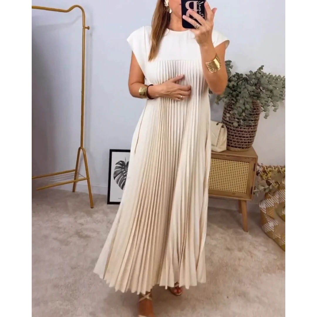 Robe Été Décontractée Plissée en Coton Uni