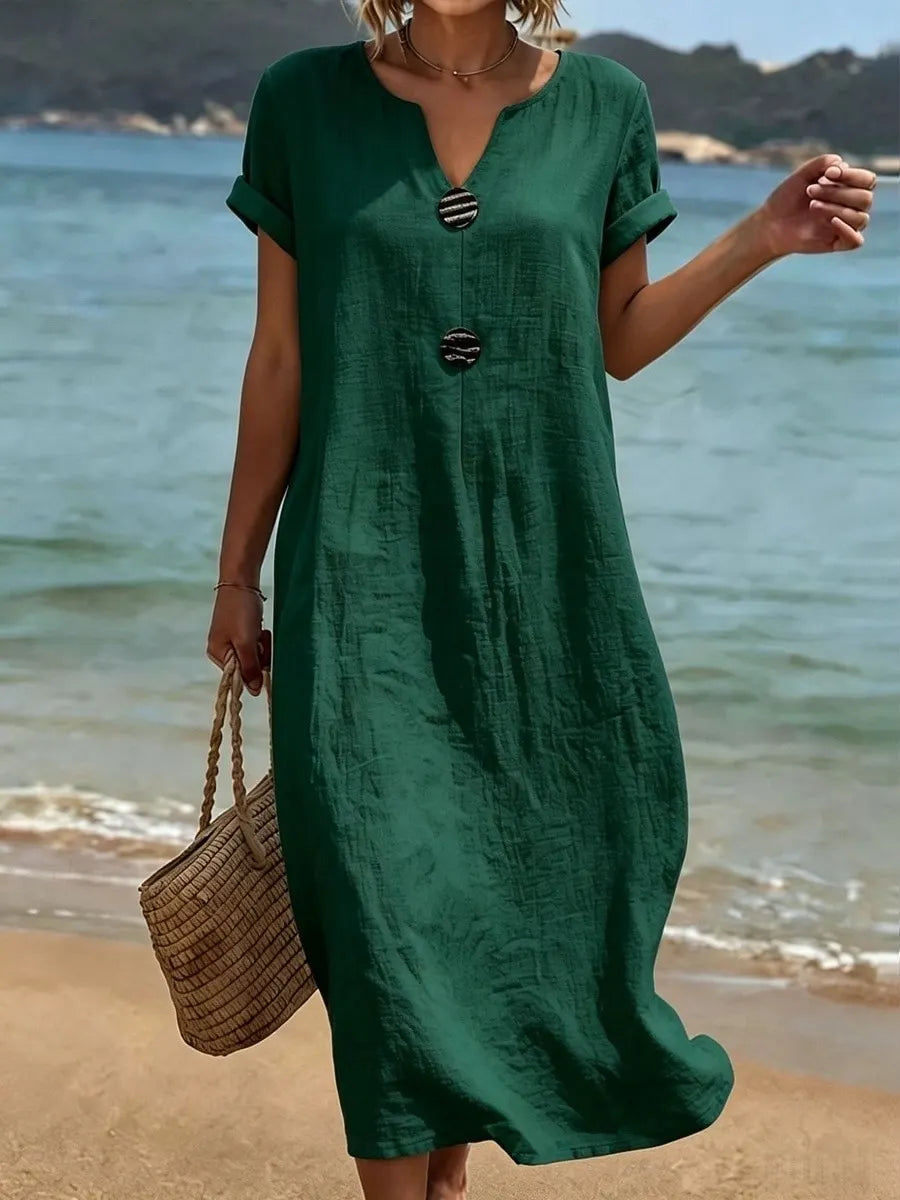 Robe longue Femme Coupe ample Col fendu Boutons décoratifs