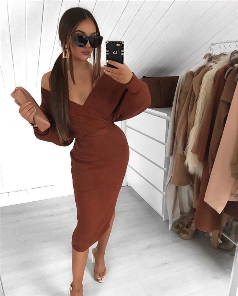 Robe Femme Manches Longues Mi-Longue Élégante