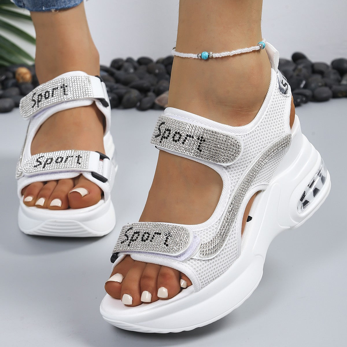 Sandales Femme Plateforme Strass Velcro Semelle Coussin Air