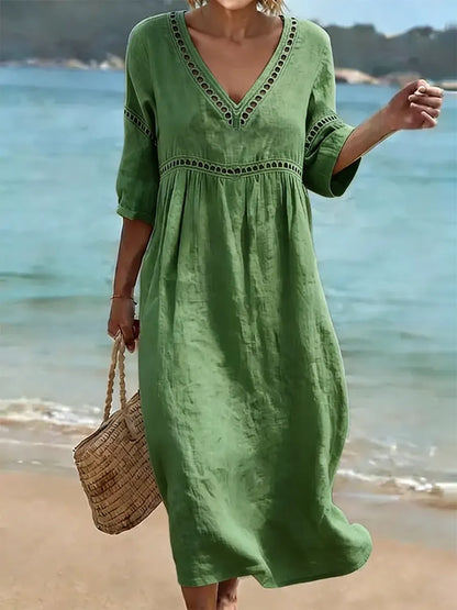 Robe Femme Coton Col V Coupe Fluide Manches Courtes - PanierRoyale