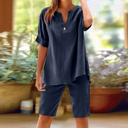 Ensemble Femme Lin Respirant Haut Col en V et Short Assorti