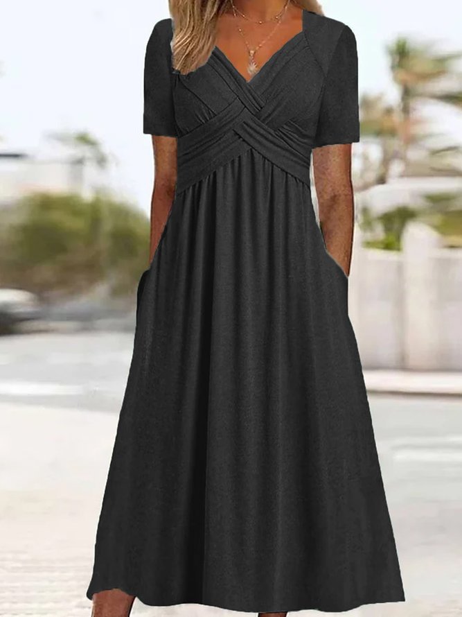 Robe longue Femme Col en V Fluide Manches Courtes Poches