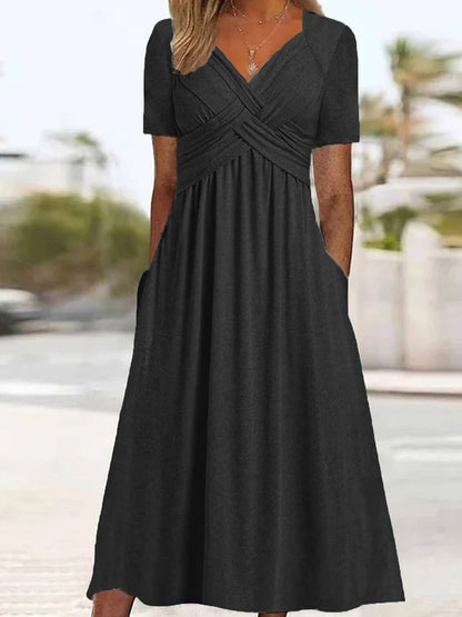 Robe longue Femme Col en V Fluide Manches Courtes Poches