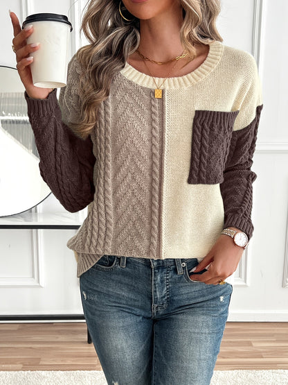 Pull Femme Maille Torsadée Patchwork Confortable Coupe Classique