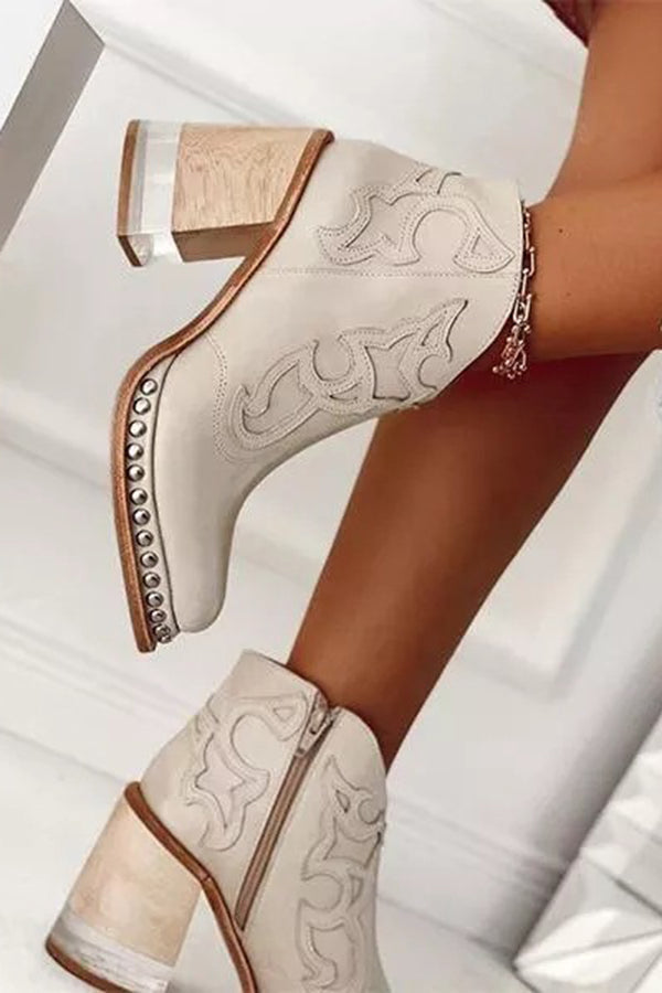 Bottines Western Nude à Talons Bloc et Noyer