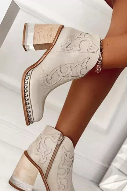 Bottines Western Nude à Talons Bloc et Noyer