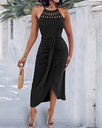 Robe Midi Femme Jacquard Ajouré Col Halter Fente