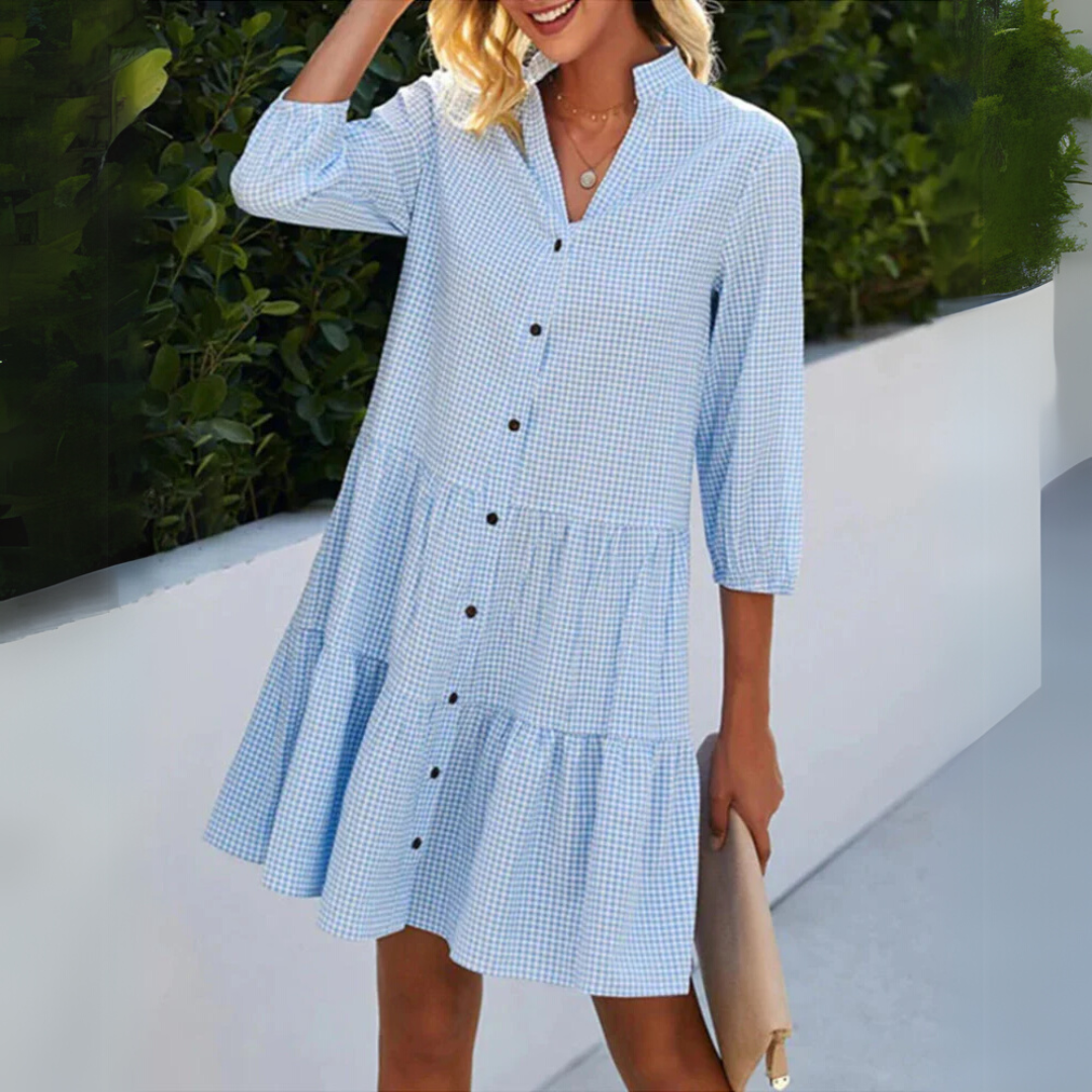 Robe courte Femme Fluide Col en V Manches Boutonnées Style Décontracté - PanierRoyale
