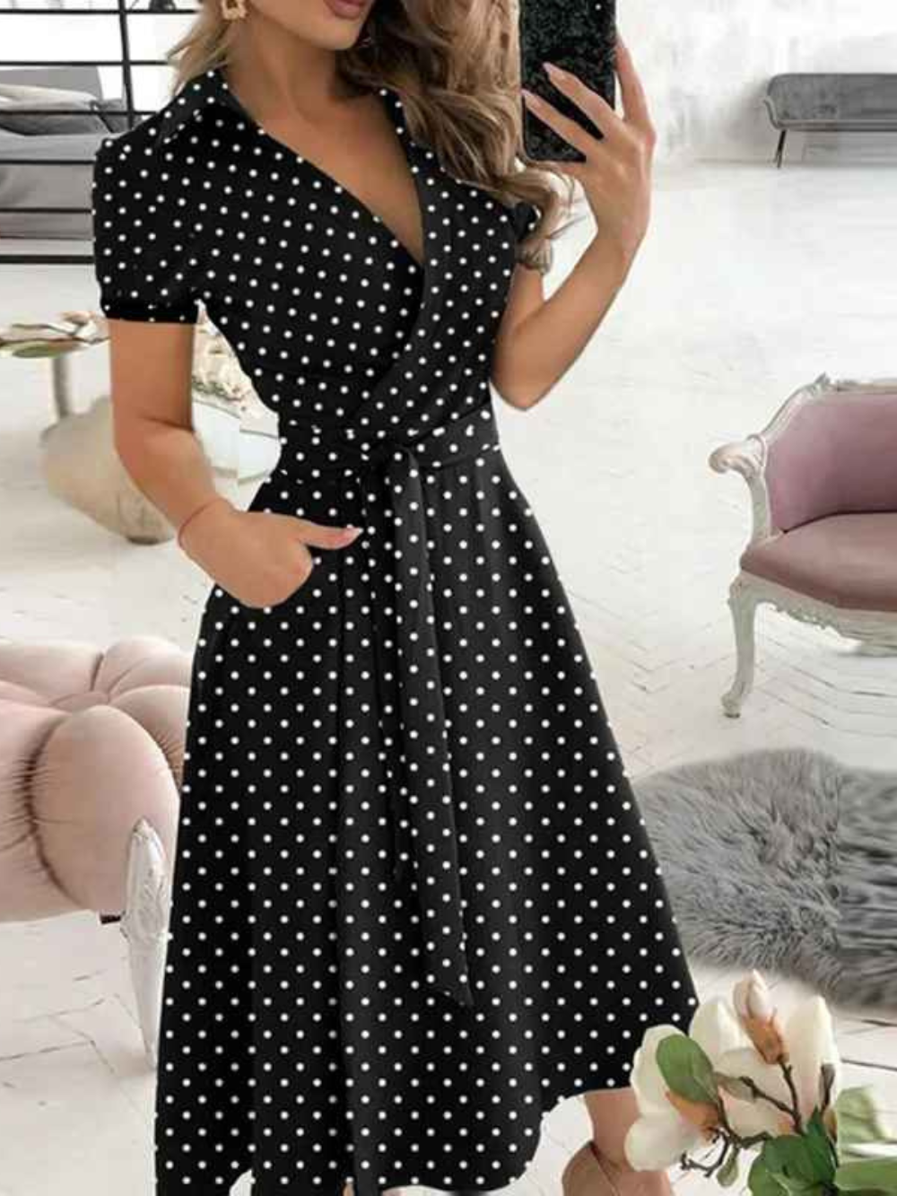 Robe Femme Chic avec Ceinture et Manches Courtes pour Travail ou Loisirs