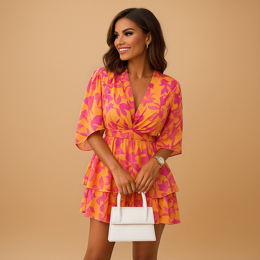 Robe Courte Plissée avec Poches et Décolleté Profond - PanierRoyale