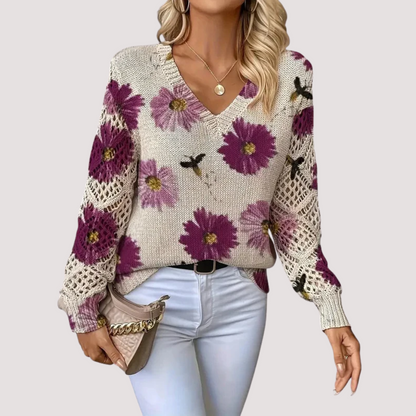 Pull Femme Col Rond Léger avec Imprimé Fleuri