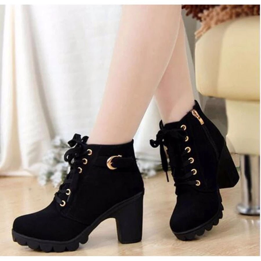Bottines Femme Haut Talon Bout Arrondi Hiver - PanierRoyale