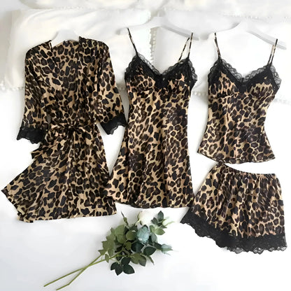 Pyjama Femme Léopard Doux avec Kimono et Chemise de Nuit Confortable - PanierRoyale
