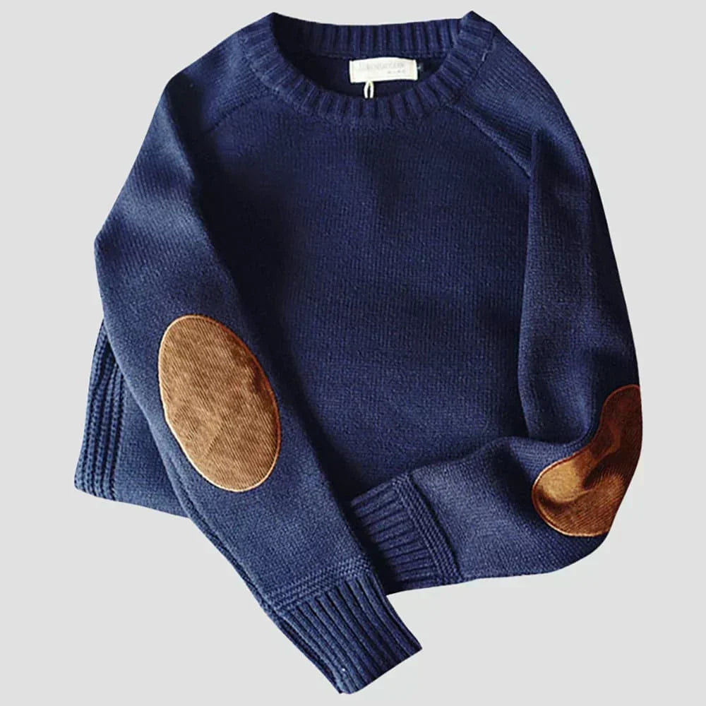Pull en laine mérinos beige avec détails cuir brun