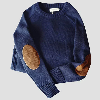 Pull en laine mérinos beige avec détails cuir brun