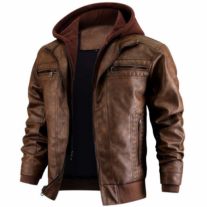 Veste Cuir Biker Homme Noir avec Capuchon et Éclair