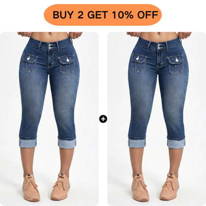 Pantalon Capri Femme Denim Stretch Coupe Ajustée Taille Mi-Haute