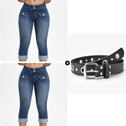 Pantalon Capri Femme Denim Stretch Coupe Ajustée Taille Mi-Haute