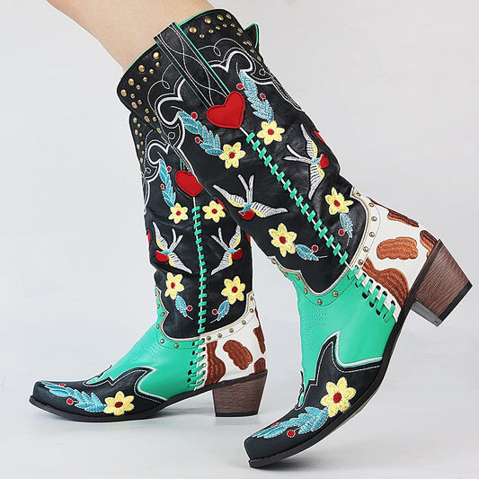 Bottines Cowboy Femmes Brodées Fleurs Élégantes - BerlinGlamour