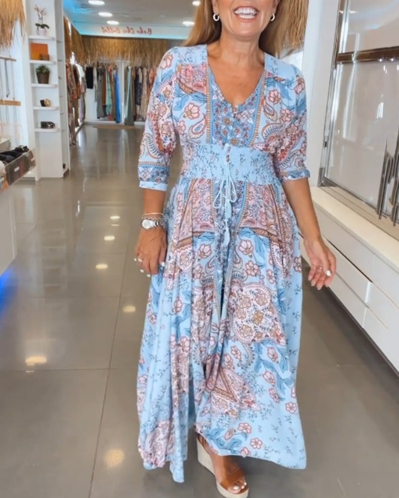 Robe maxi Femme Imprimé Col en V Taille Ajustable