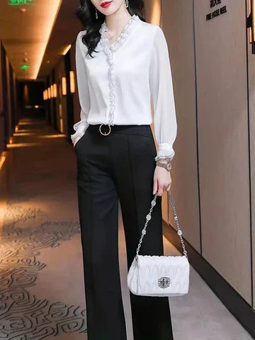 Blouse Femme Élégante à Manches Longues avec Volants