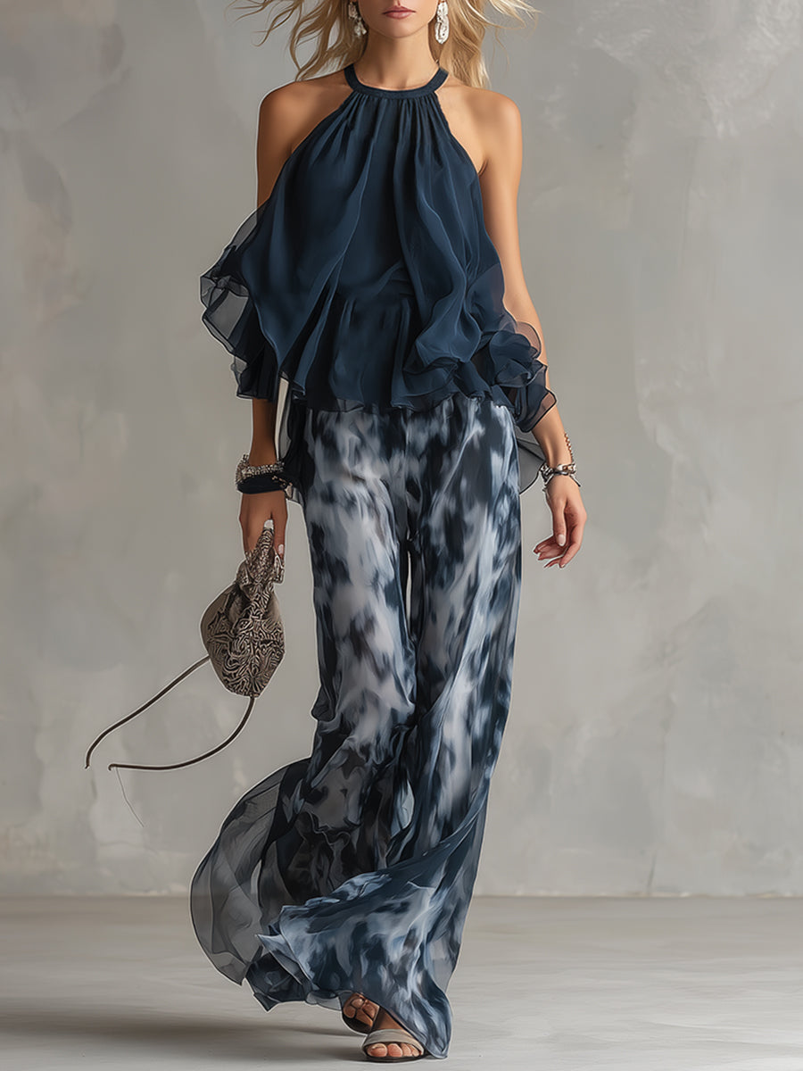 Ensemble Deux Pièces Femme Chiffon Halter Volants Pantalon Large - PanierRoyale
