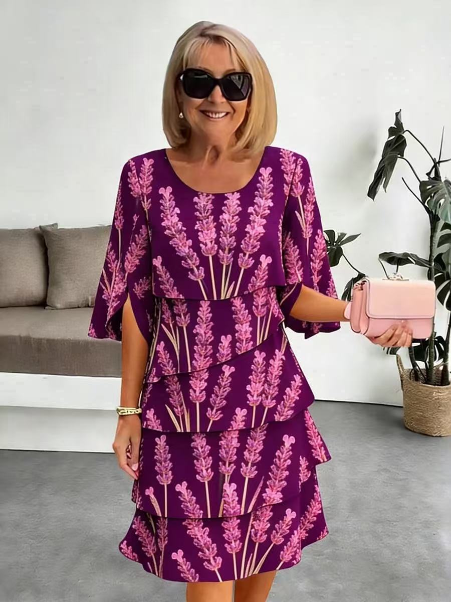 Robe Mi-Longue Femme Tissu Imprimé Volants Superposés Manches Fendues