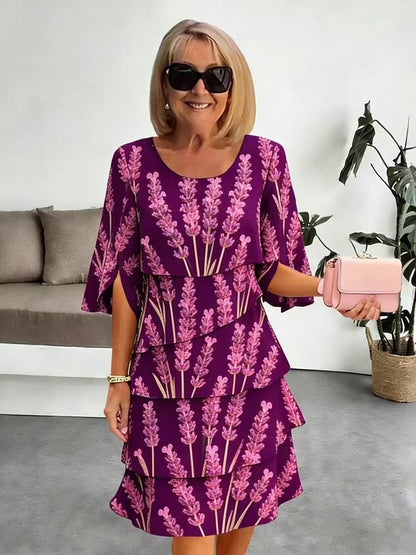 Robe Mi-Longue Femme Tissu Imprimé Volants Superposés Manches Fendues
