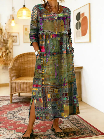 Robe Femme Denim Patchwork Ethnique Coupe Fluide