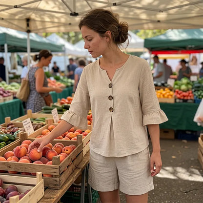Ensemble Femme Coton Blouse Boutons et Short Confortable