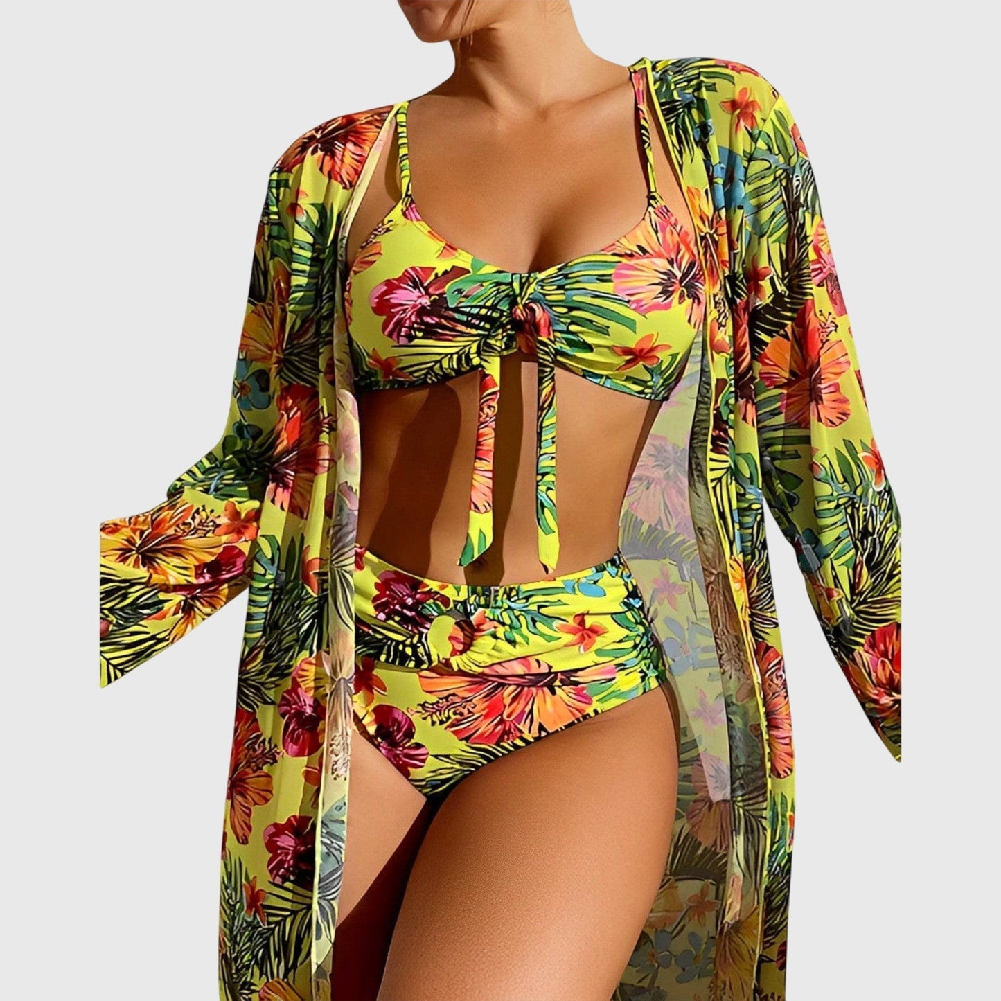 Bikini Trois Pièces Femme Imprimé Tropical Noué Kimono Assorti - PanierRoyale