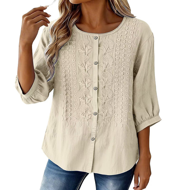 Blouse Femme Coton Lin Brodée Manches Longues
