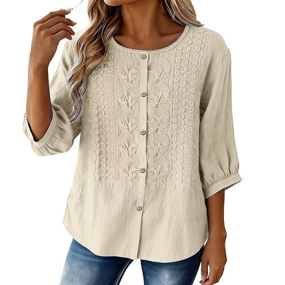 Blouse Femme Coton Lin Brodée Manches Longues