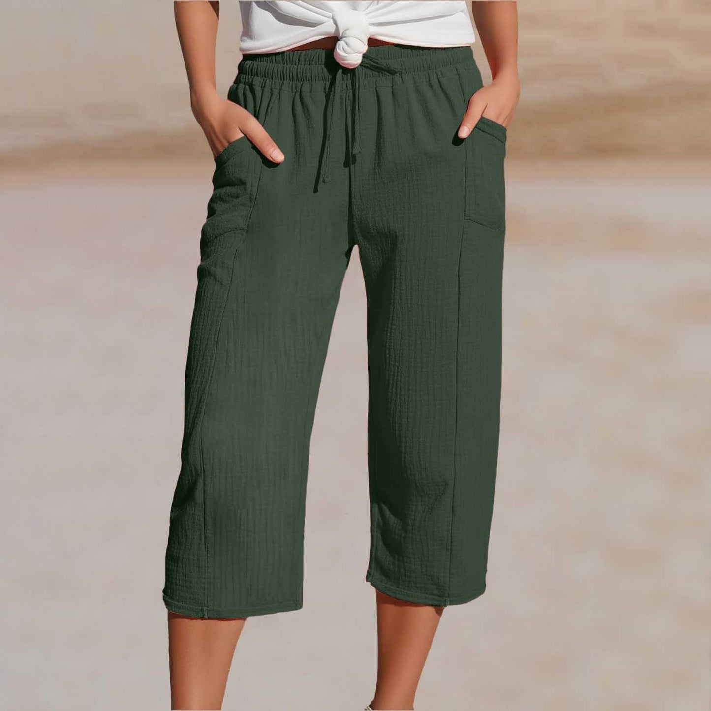 Pantalon Cropped Femme Coton Lin Taille Elastique Confortable