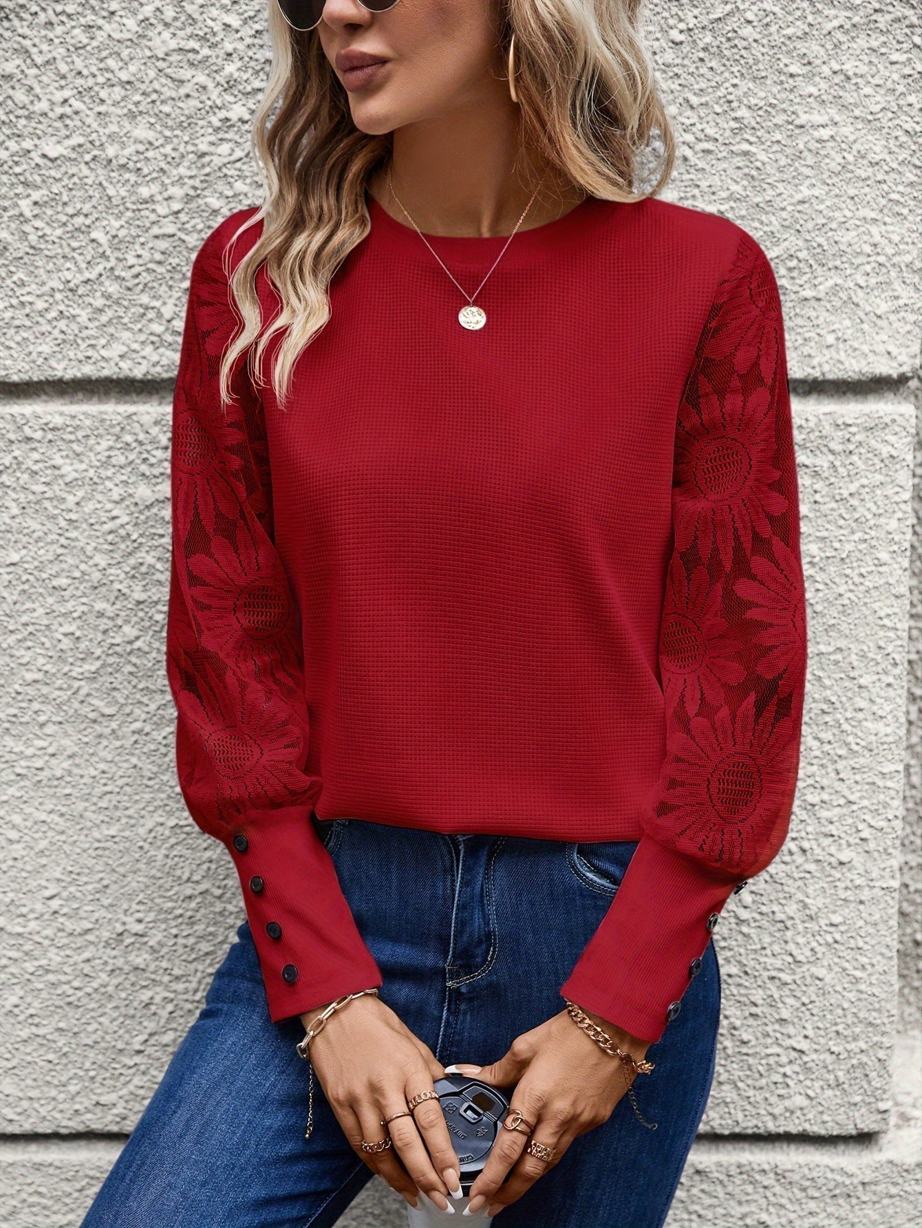 Blouse Brodée à Manches Longues en Dentelle Blanche